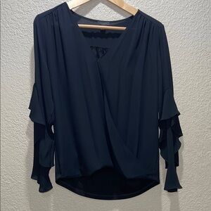 Ann Taylor Black Flutter Sleeve Asymmetrical Blouse